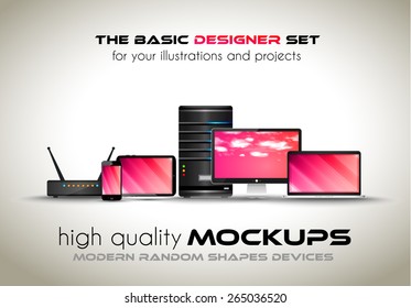 Modern devices mockups for your business projects. Set of laptop, desktop computer, server, modem router, tablet and smartphone with generic look.