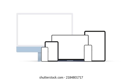 Modern Devices Set. Blue Monitor, Laptop, Tablet Computers, Smartphones. Vector Illustration