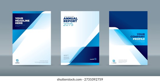 Modern diagonal geometric layers in cool blue and navy gradients with a clean layout. A4 size book cover template for annual report, magazine, booklet, proposal, portfolio