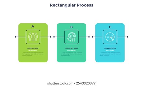 Diagrama moderno con 3 coloridos Elementos rectangulares o tarjetas colocadas en fila Horizontal. Concepto de tres etapas del proyecto de negocio de inicio. Plantilla plana de diseño infográfico. Ilustración vectorial.