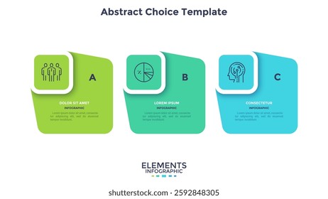 Modern diagram with 3 colorful rectangular elements or cards placed in horizontal row. Concept of three stages of startup business project. Flat infographic design template. Vector illustration.