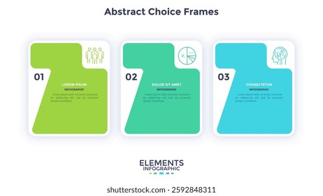 Modern diagram with 3 colorful rectangular elements or cards placed in horizontal row. Concept of three stages of startup business project. Flat infographic design template. Vector illustration.