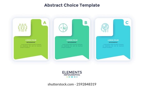 Modern diagram with 3 colorful rectangular elements or cards placed in horizontal row. Concept of three stages of startup business project. Flat infographic design template. Vector illustration.