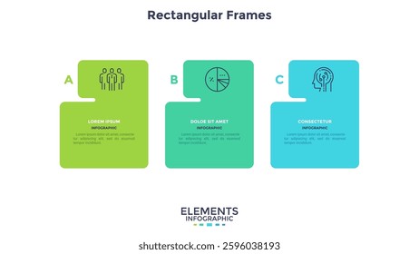 Modern diagram with 3 colorful rectangular elements or cards placed in horizontal row. Concept of three stages of startup business project. Flat infographic design template. Vector illustration.