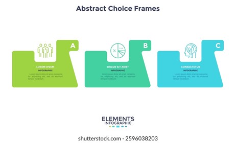 Modern diagram with 3 colorful rectangular elements or cards placed in horizontal row. Concept of three stages of startup business project. Flat infographic design template. Vector illustration.