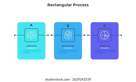 Diagrama moderno com 3 elementos retangulares coloridos ou cartões colocados na linha horizontal. Conceito de três fases do projeto empresarial de arranque. Modelo de design de infográfico plano. Ilustração vetorial.