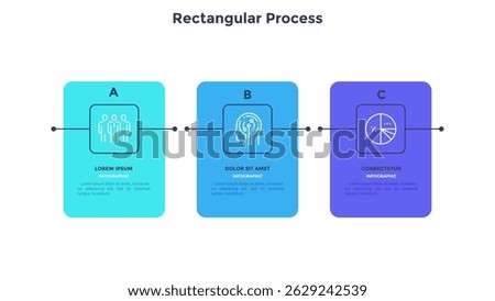 Modern diagram with 3 colorful rectangular elements or cards placed in horizontal row. Concept of three stages of startup business project. Flat infographic design template. Vector illustration.