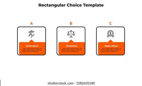 Modern diagram with 3 square elements. Concept of three stages of startup project development. Simple infographic design template. Vector illustration for business information visualization, banner.