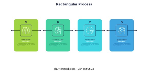 Diagrama moderno com 4 elementos retangulares coloridos ou cartões colocados na linha horizontal. Conceito de quatro fases do projeto de negócios de start-up. Modelo de design de infográfico plano. Ilustração vetorial.