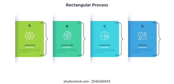 Modern diagram with 4 colorful rectangular elements or cards placed in horizontal row. Concept of four stages of startup business project. Flat infographic design template. Vector illustration.