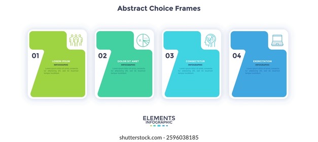 Modern diagram with 4 colorful rectangular elements or cards placed in horizontal row. Concept of four stages of startup business project. Flat infographic design template. Vector illustration.