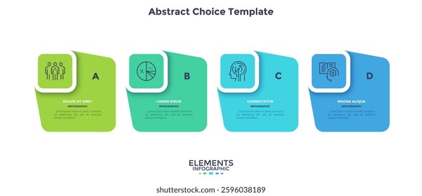 Modern diagram with 4 colorful rectangular elements or cards placed in horizontal row. Concept of four stages of startup business project. Flat infographic design template. Vector illustration.