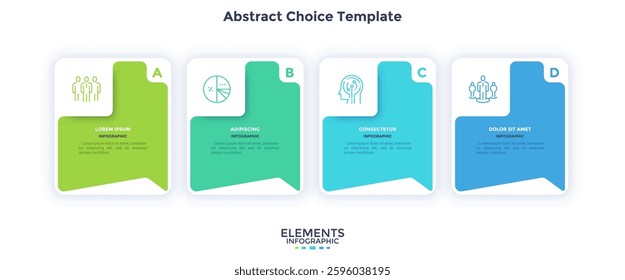 Modern diagram with 4 colorful rectangular elements or cards placed in horizontal row. Concept of four stages of startup business project. Flat infographic design template. Vector illustration.