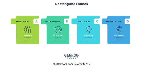 Modern diagram with 4 colorful rectangular elements or cards placed in horizontal row. Concept of four stages of startup business project. Flat infographic design template. Vector illustration.