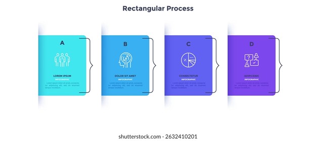 Diagrama moderno com 4 elementos retangulares coloridos ou cartões colocados na linha horizontal. Conceito de quatro fases do projeto de negócios de start-up. Modelo de design de infográfico plano. Ilustração vetorial.