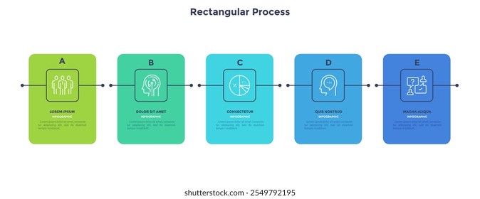 Modern diagram with 5 colorful rectangular elements or cards placed in horizontal row. Concept of five stages of startup business project. Flat infographic design template. Vector illustration.