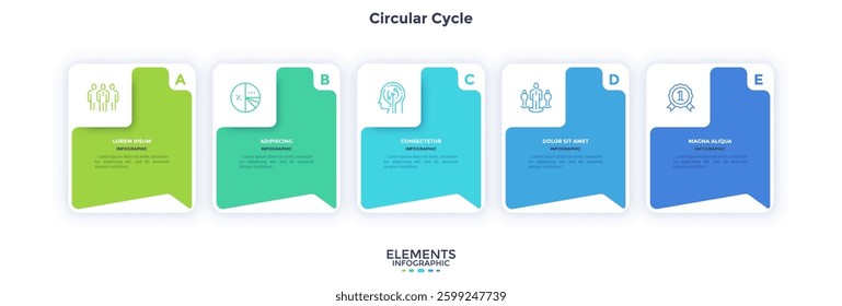 Modern diagram with 5 colorful rectangular elements or cards placed in horizontal row. Concept of five stages of startup business project. Flat infographic design template. Vector illustration.