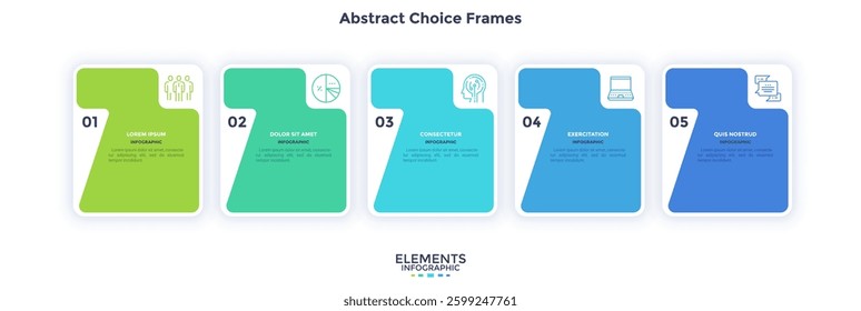 Modern diagram with 5 colorful rectangular elements or cards placed in horizontal row. Concept of five stages of startup business project. Flat infographic design template. Vector illustration.