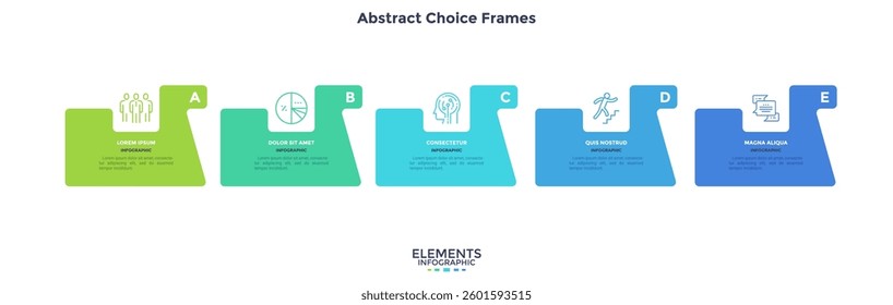 Modern diagram with 5 colorful rectangular elements or cards placed in horizontal row. Concept of five stages of startup business project. Flat infographic design template. Vector illustration.