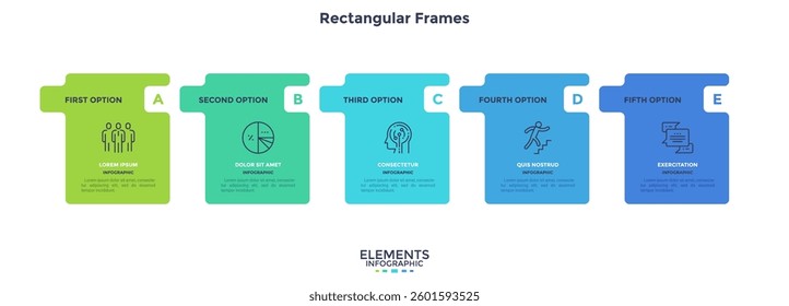 Modern diagram with 5 colorful rectangular elements or cards placed in horizontal row. Concept of five stages of startup business project. Flat infographic design template. Vector illustration.