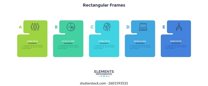 Modern diagram with 5 colorful rectangular elements or cards placed in horizontal row. Concept of five stages of startup business project. Flat infographic design template. Vector illustration.