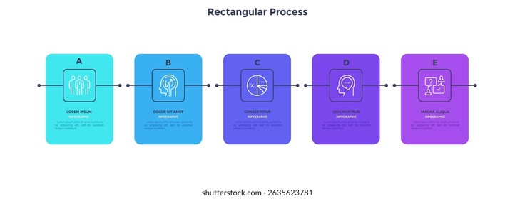 Diagrama moderno com 5 elementos retangulares coloridos ou cartões colocados na linha horizontal. Conceito de cinco etapas do projeto de negócios de start-up. Modelo de design de infográfico plano. Ilustração vetorial.