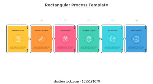 Modern diagram with 6 colorful rectangular elements or cards placed in horizontal row. Concept of six stages of startup business project. Flat infographic design template. Vector illustration.