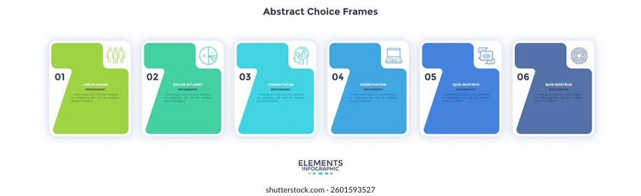 Modern diagram with 6 colorful rectangular elements or cards placed in horizontal row. Concept of six stages of startup business project. Flat infographic design template. Vector illustration.