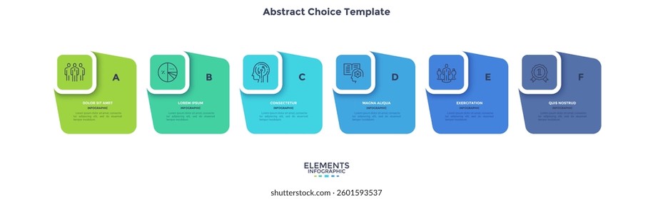 Modern diagram with 6 colorful rectangular elements or cards placed in horizontal row. Concept of six stages of startup business project. Flat infographic design template. Vector illustration.