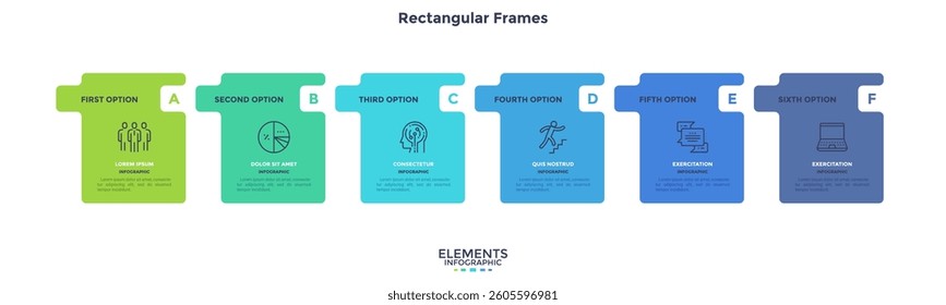 Modern diagram with 6 colorful rectangular elements or cards placed in horizontal row. Concept of six stages of startup business project. Flat infographic design template. Vector illustration.