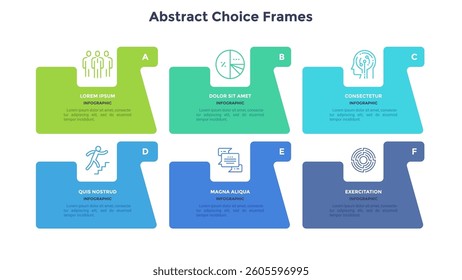 Modern diagram with 6 colorful rectangular elements or cards placed in horizontal row. Concept of six stages of startup business project. Flat infographic design template. Vector illustration.