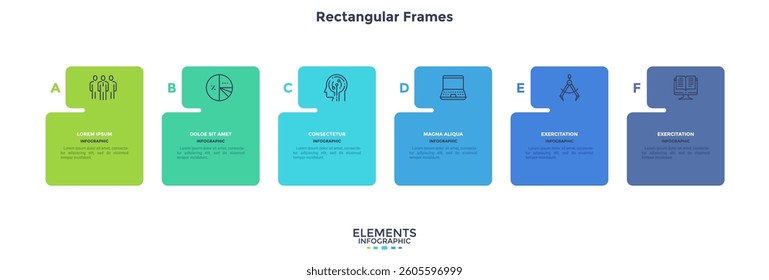 Modern diagram with 6 colorful rectangular elements or cards placed in horizontal row. Concept of six stages of startup business project. Flat infographic design template. Vector illustration.