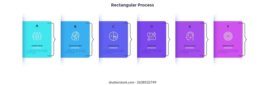 Modern diagram with 6 colorful rectangular elements or cards placed in horizontal row. Concept of six stages of startup business project. Flat infographic design template. Vector illustration.