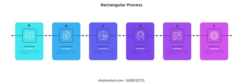 Modern diagram with 6 colorful rectangular elements or cards placed in horizontal row. Concept of six stages of startup business project. Flat infographic design template. Vector illustration.