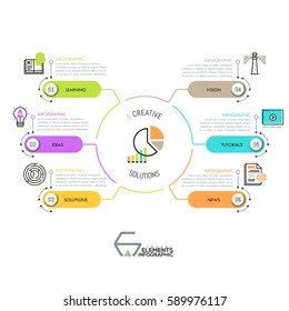 Diagrama moderno con 6 rectángulos redondeados conectados con elemento central circular. Plantilla de diseño gráfico. Opciones del concepto de desarrollo de sitios web. Ilustración vectorial para presentación, informe.