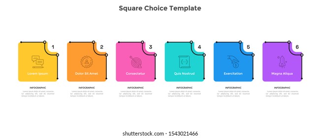 Modern diagram with 6 square elements placed in horizontal row. Concept of six business options to choose. Simple infographic design template. Flat vector illustration for presentation, progress bar.