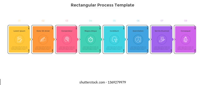 Modern diagram with 8 colorful rectangular elements or cards placed in horizontal row. Concept of eight stages of startup business project. Flat infographic design template. Vector illustration.