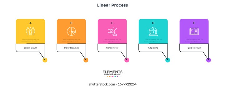 Modern diagram with five rectangular speech bubbles placed in horizontal row. Concept of 5 steps of business analysis. Simple infographic design template. Flat vector illustration for presentation.
