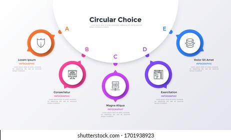 Modern diagram with five round elements connected to main paper white circle. Concept of 5 business options to choose. Minimal infographic design template. Flat vector illustration for presentation.