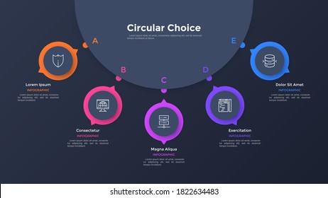 Modern diagram with five round elements connected to main paper black circle. Concept of 5 business options to choose. Minimal infographic design template. Flat vector illustration for presentation.