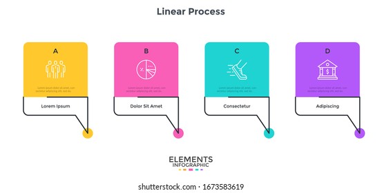 Modern diagram with four rectangular speech bubbles placed in horizontal row. Concept of 4 steps of business analysis. Simple infographic design template. Flat vector illustration for presentation.