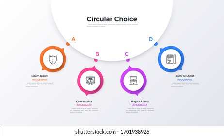 Modern diagram with four round elements connected to main paper white circle. Concept of 4 business options to choose. Minimal infographic design template. Flat vector illustration for presentation.