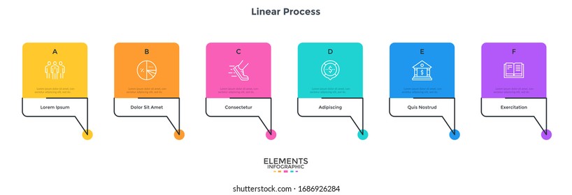 Modern diagram with six rectangular speech bubbles placed in horizontal row. Concept of 6 steps of business analysis. Simple infographic design template. Flat vector illustration for presentation.