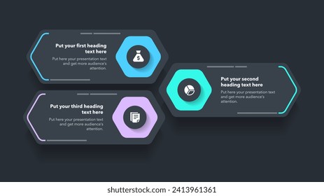 Modern diagram with three options with icons and a place for your text - dark version. Flat infographic design for website, marketing or promotion.	