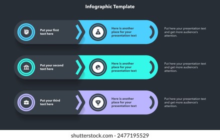 Diagrama moderno con tres opciones con iconos y un lugar para su texto - versión oscura. Diseño de infografía plana para Sitio web, marketing o promoción.