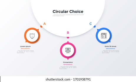 Modern diagram with three round elements connected to main paper white circle. Concept of 3 business options to choose. Minimal infographic design template. Flat vector illustration for presentation.