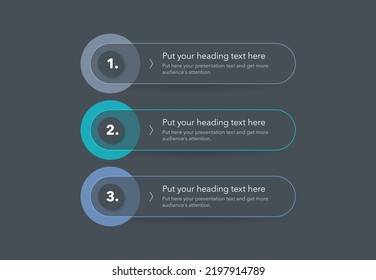 Modern diagram with three steps with numbers and a place for your text - dark version.