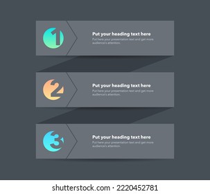 Diagrama moderno con tres pasos con números y un lugar para el texto - versión oscura.