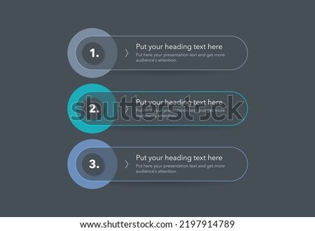 Modern diagram with three steps with numbers and a place for your text - dark version.