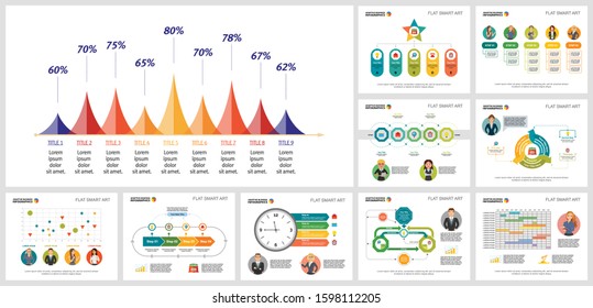 Modern diagrams layout set for development report, annual document, slide, web site. Business and analytics concept with percentage diagram, bar, time, step, process, and cycle charts.